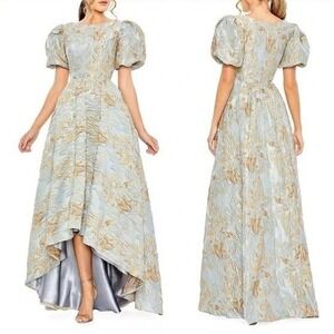 Mac Duggal Brocade Jacquard Puff Sleeve Hi-Low Gown Platinum Gold Size 18 NWOT